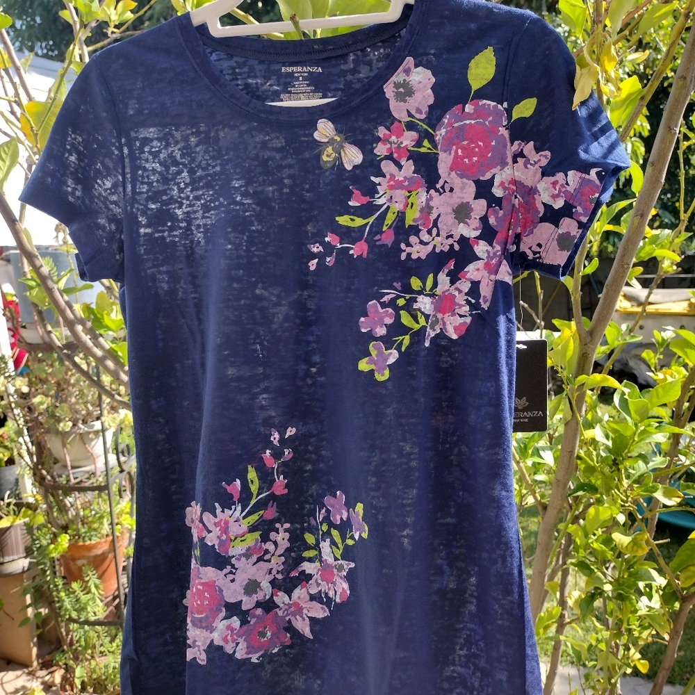 Esperanza New York Navy Floral T Shirt Semi Sheer